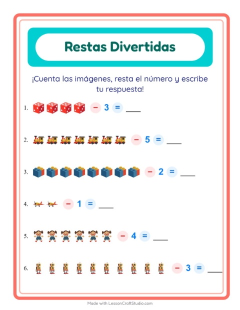 Vista previa de la hoja de Resta con Juguetes para jardín infantil
