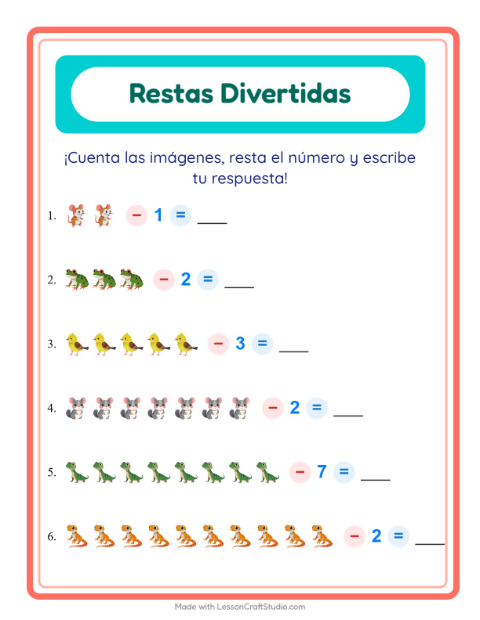 Vista previa de la hoja de Resta con Mascotas para jardín infantil