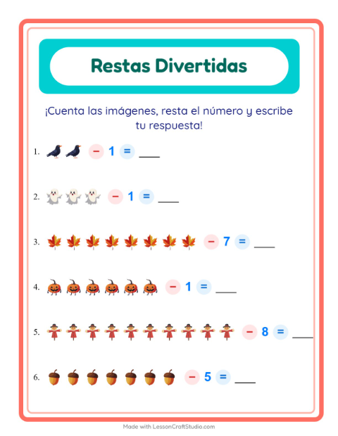 Vista previa de la hoja de Resta con Misceláneo para jardín infantil