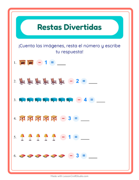 Vista previa de la hoja de Resta con Muebles para jardín infantil