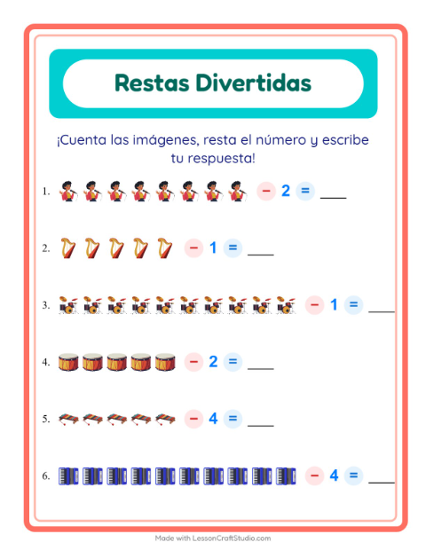Vista previa de la hoja de Resta con Música para jardín infantil