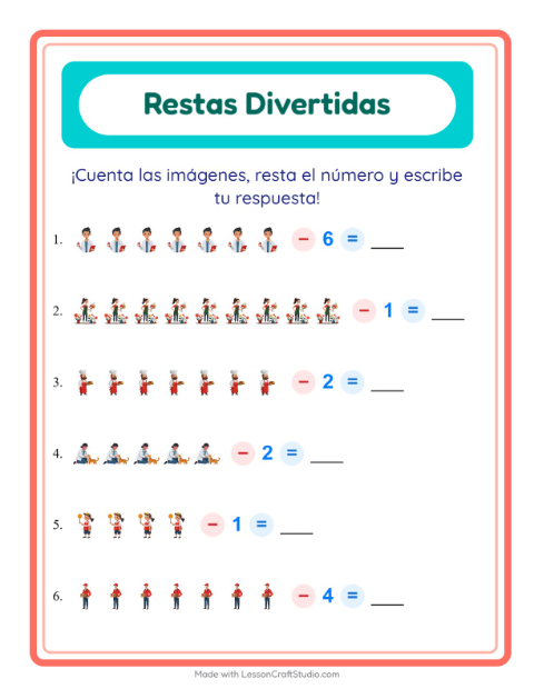 Vista previa de la hoja de Resta con Ocupaciones para jardín infantil