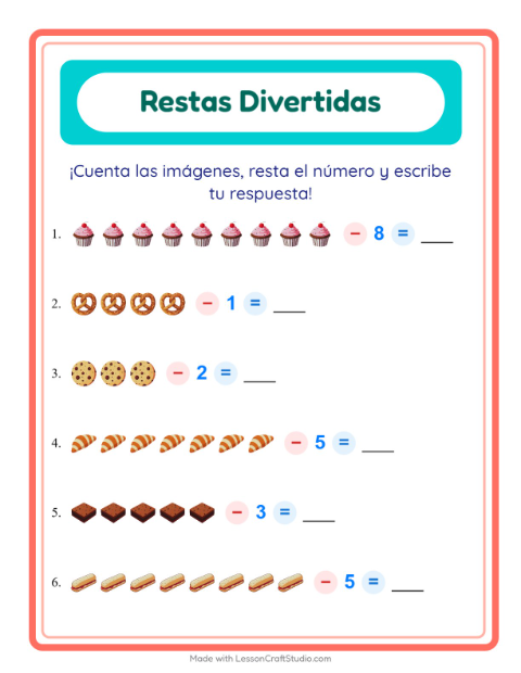 Vista previa de la hoja de Resta con Panadería para jardín infantil