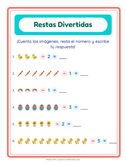 Vista previa de la hoja de Resta con Pascua para jardín infantil