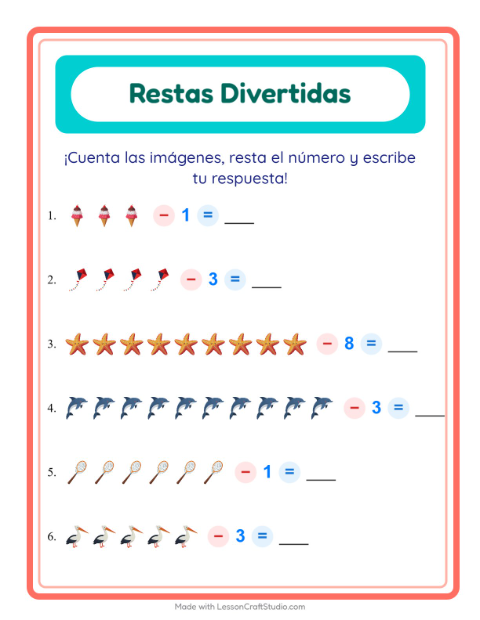Vista previa de la hoja de Resta con Playa para jardín infantil