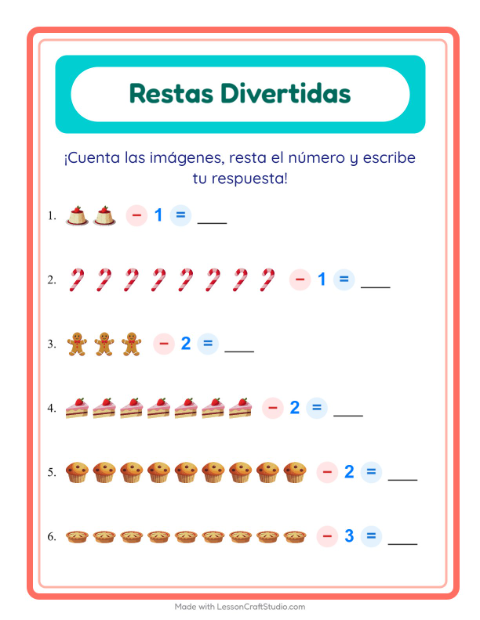Vista previa de la hoja de Resta con Postres y dulces para jardín infantil