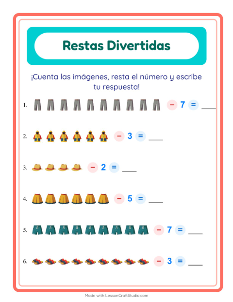 Vista previa de la hoja de Resta con Ropa para jardín infantil
