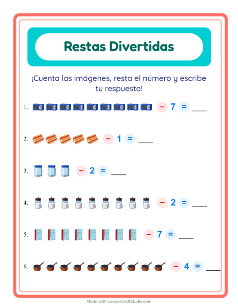 Vista previa de la hoja de Resta con Utensilios de cocina para jardín infantil