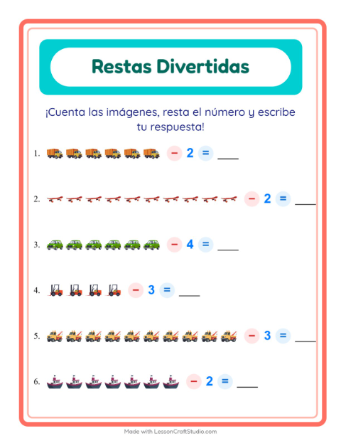 Vista previa de la hoja de Resta con Vehículos para jardín infantil