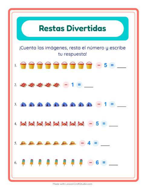 Vista previa de la hoja de Resta con Verano para jardín infantil