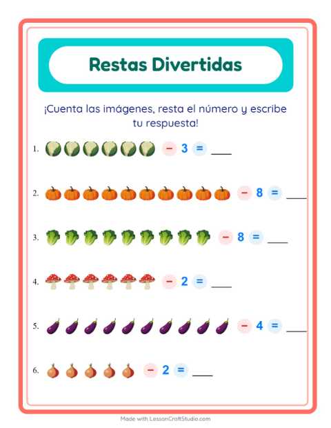Vista previa de la hoja de Resta con Verduras para jardín infantil