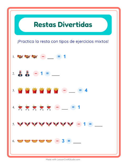 Vista previa de la hoja de Resta con 4 de Julio para jardín infantil