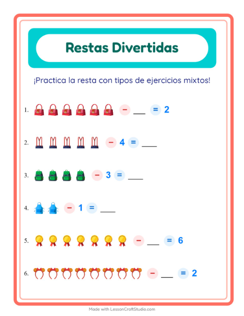 Vista previa de la hoja de Resta con Accesorios para jardín infantil