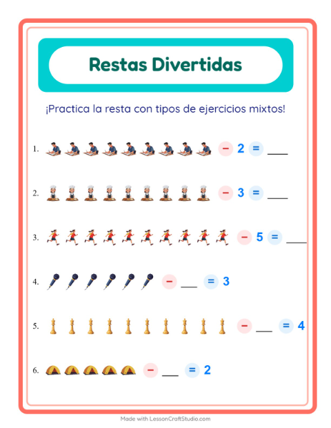 Vista previa de la hoja de Resta con Actividades para jardín infantil