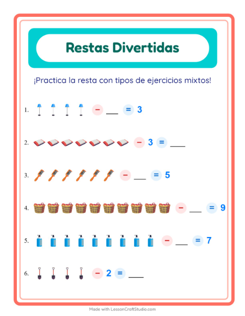 Vista previa de la hoja de Resta con Alrededor de la casa para jardín infantil