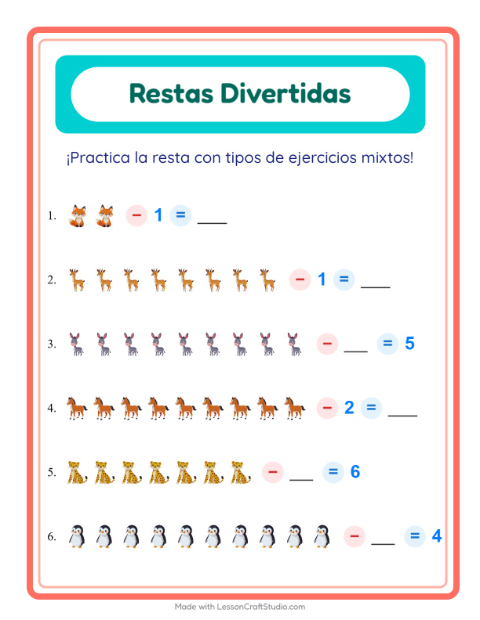Vista previa de la hoja de Resta con Animales para jardín infantil