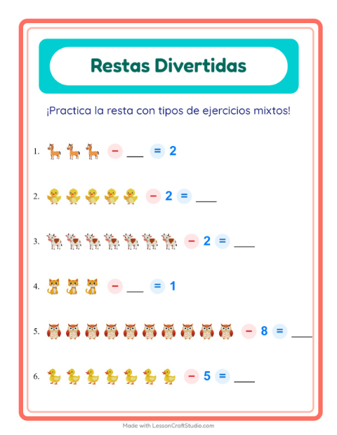 Vista previa de la hoja de Resta con Animales de granja para jardín infantil