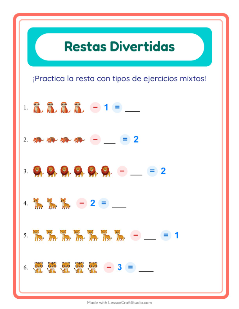 Vista previa de la hoja de Resta con Animales del zoológico para jardín infantil