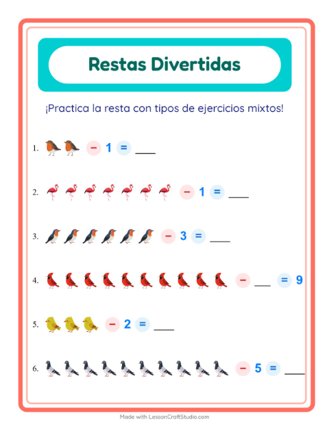 Vista previa de la hoja de Resta con Aves 2 para jardín infantil