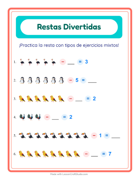 Vista previa de la hoja de Resta con Aves para jardín infantil