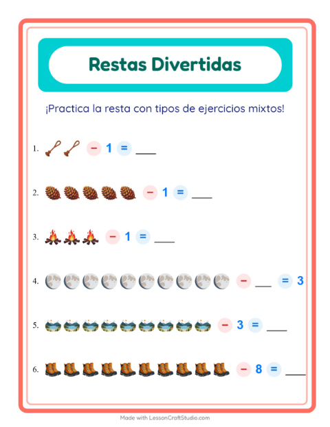 Vista previa de Resta y Descubre Cuántos Quedan: Campamento
