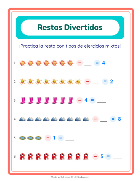 Vista previa de la hoja de Resta con Clima para jardín infantil