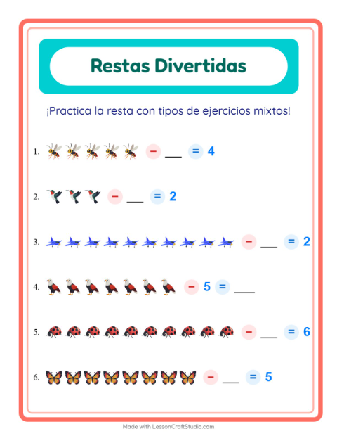 Vista previa de la hoja de Resta con Cosas que vuelan para jardín infantil