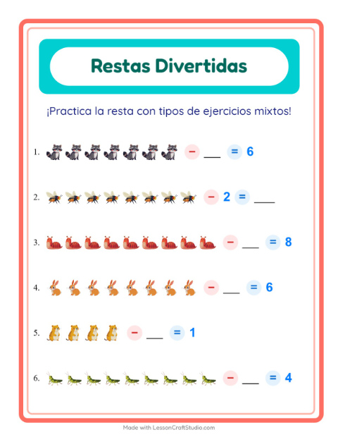 Vista previa de la hoja de Resta con Criaturas del bosque para jardín infantil
