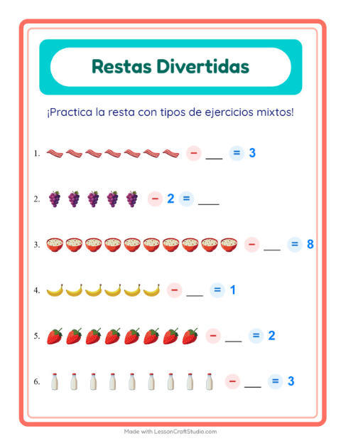 Vista previa de la hoja de Resta con Desayuno para jardín infantil