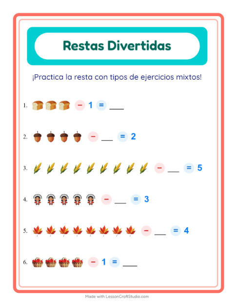 Vista previa de la hoja de Resta con Día de Acción de Gracias para jardín infantil