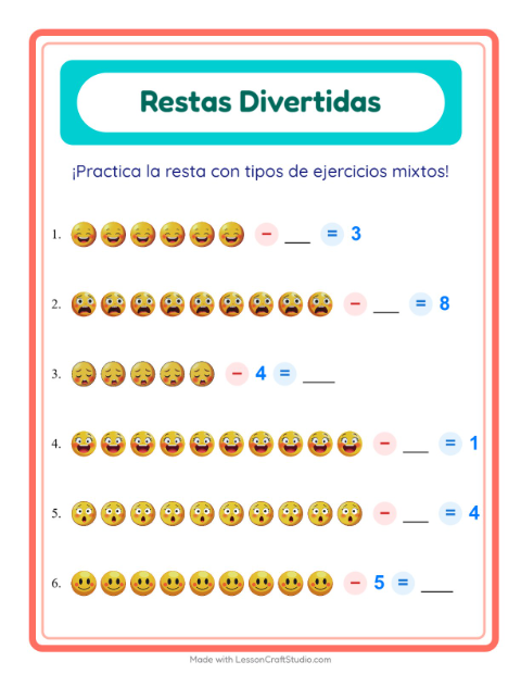 Vista previa de la hoja de Resta con Emociones para jardín infantil