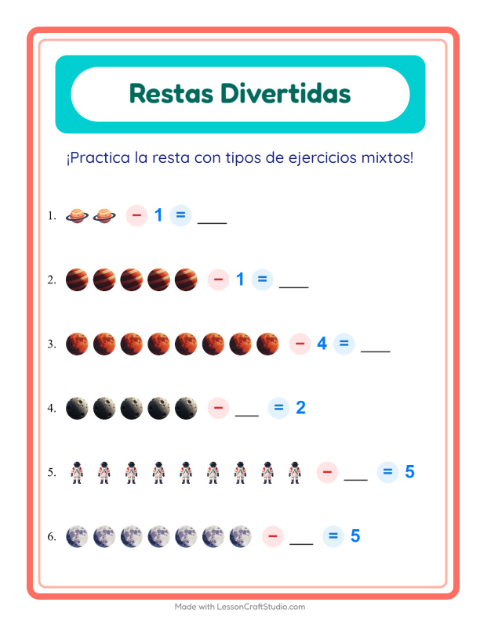 Vista previa de la hoja de Resta con Espacio para jardín infantil