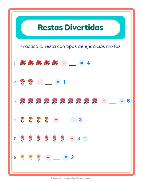 Vista previa de la hoja de Resta con Flores para jardín infantil