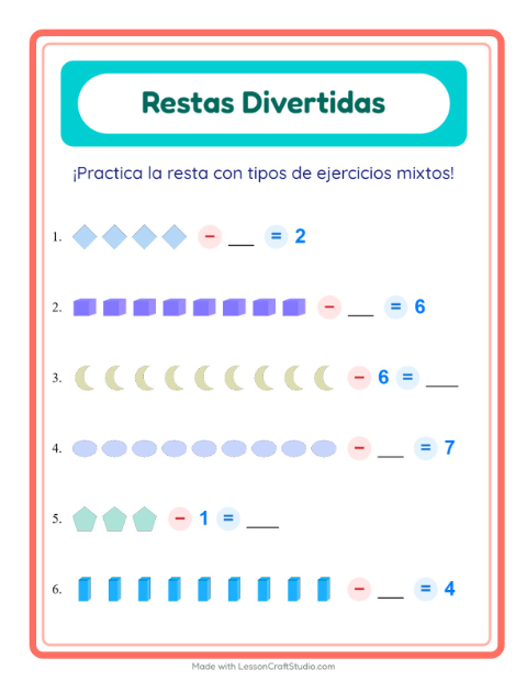 Vista previa de la hoja de Resta con Formas para jardín infantil