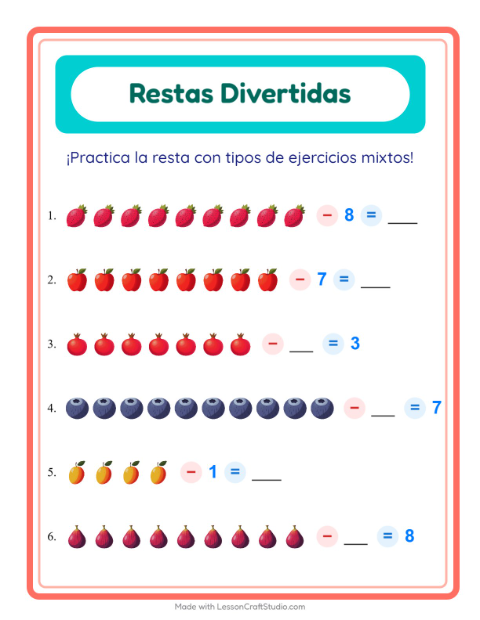 Vista previa de la hoja de Resta con Frutas para jardín infantil