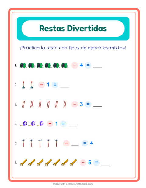 Vista previa de la hoja de Resta con Herramientas para jardín infantil