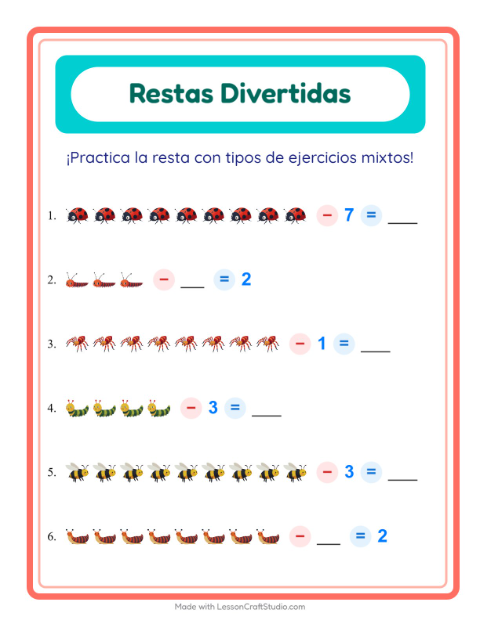 Vista previa de la hoja de Resta con Insectos y bichos para jardín infantil