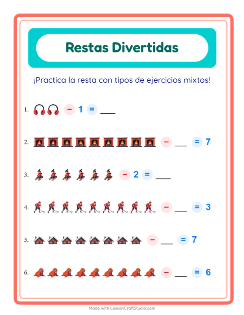 Vista previa de la hoja de Resta con Invierno para jardín infantil