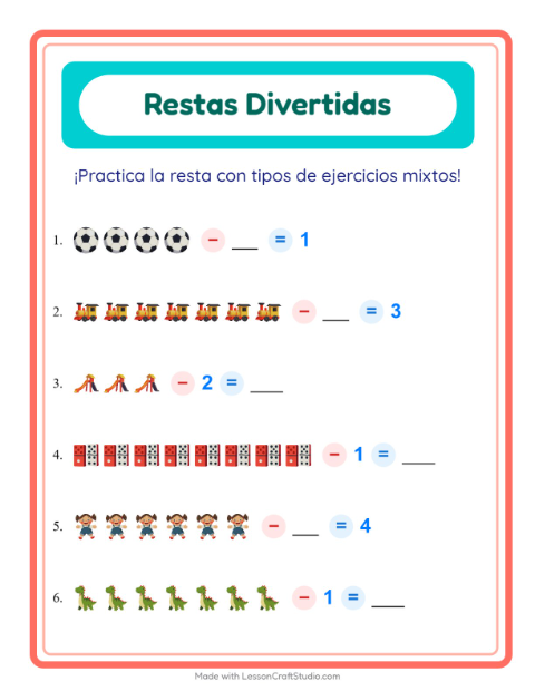 Vista previa de la hoja de Resta con Juguetes para jardín infantil