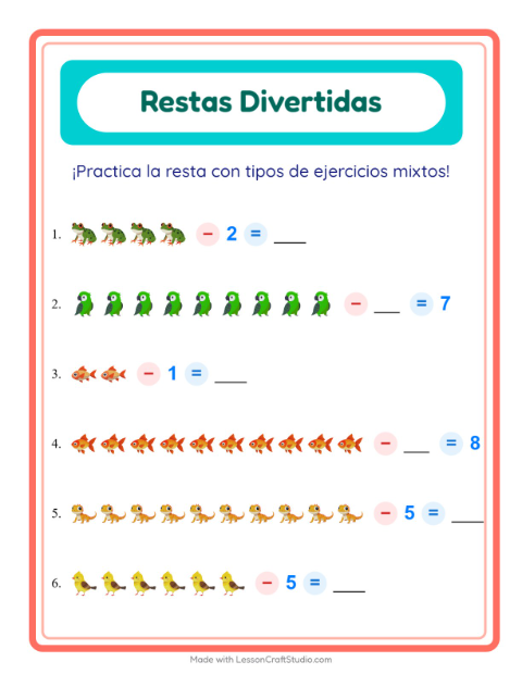 Vista previa de la hoja de Resta con Mascotas para jardín infantil