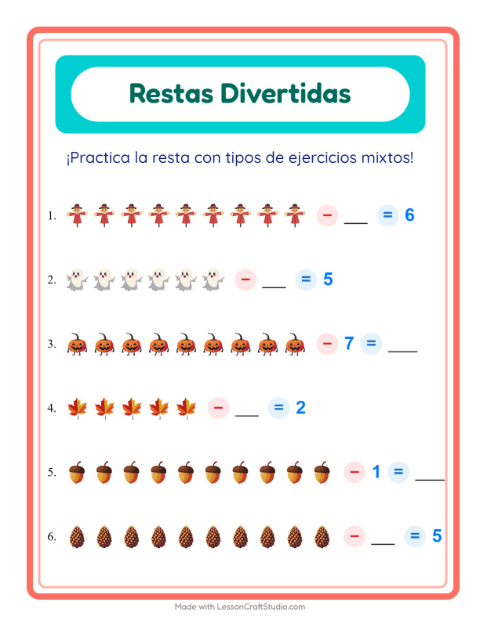 Vista previa de la hoja de Resta con Misceláneo para jardín infantil