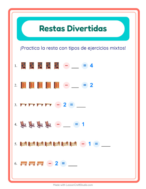 Vista previa de la hoja de Resta con Muebles para jardín infantil