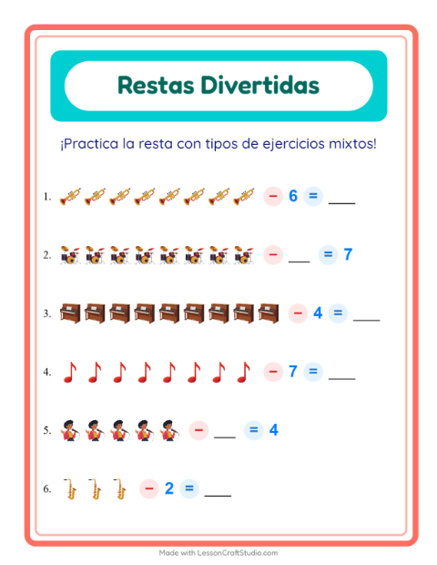 Vista previa de la hoja de Resta con Música para jardín infantil