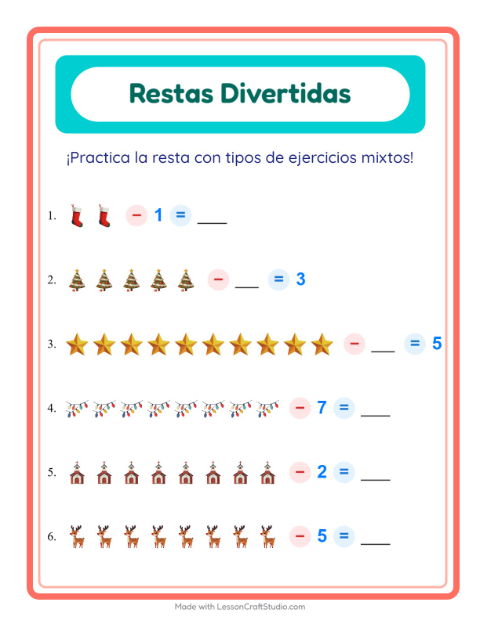 Vista previa de la hoja de Resta con Navidad para jardín infantil