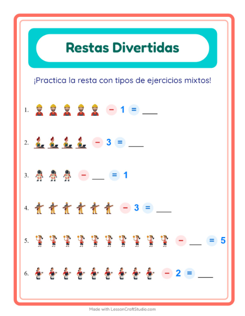 Vista previa de la hoja de Resta con Ocupaciones para jardín infantil