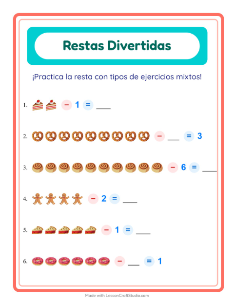 Vista previa de la hoja de Resta con Panadería para jardín infantil