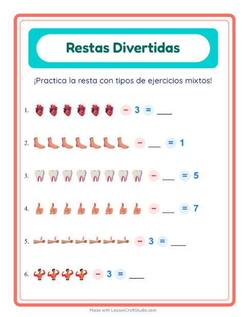 Vista previa de la hoja de Resta con Partes del cuerpo para jardín infantil