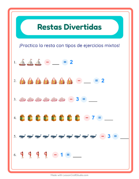 Vista previa de la hoja de Resta con Playa para jardín infantil