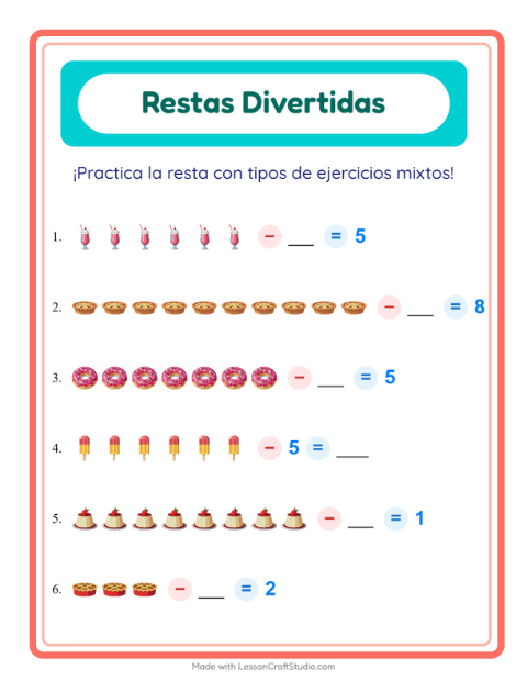 Vista previa de la hoja de Resta con Postres y dulces para jardín infantil