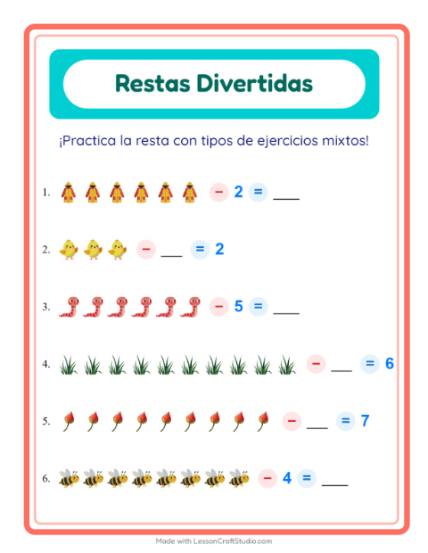 Vista previa de la hoja de Resta con Primavera para jardín infantil
